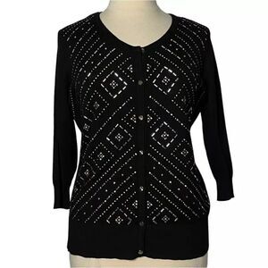 JM Collection Women Sweater Cardigan 3/4 Sleeve Button Front Studded Front